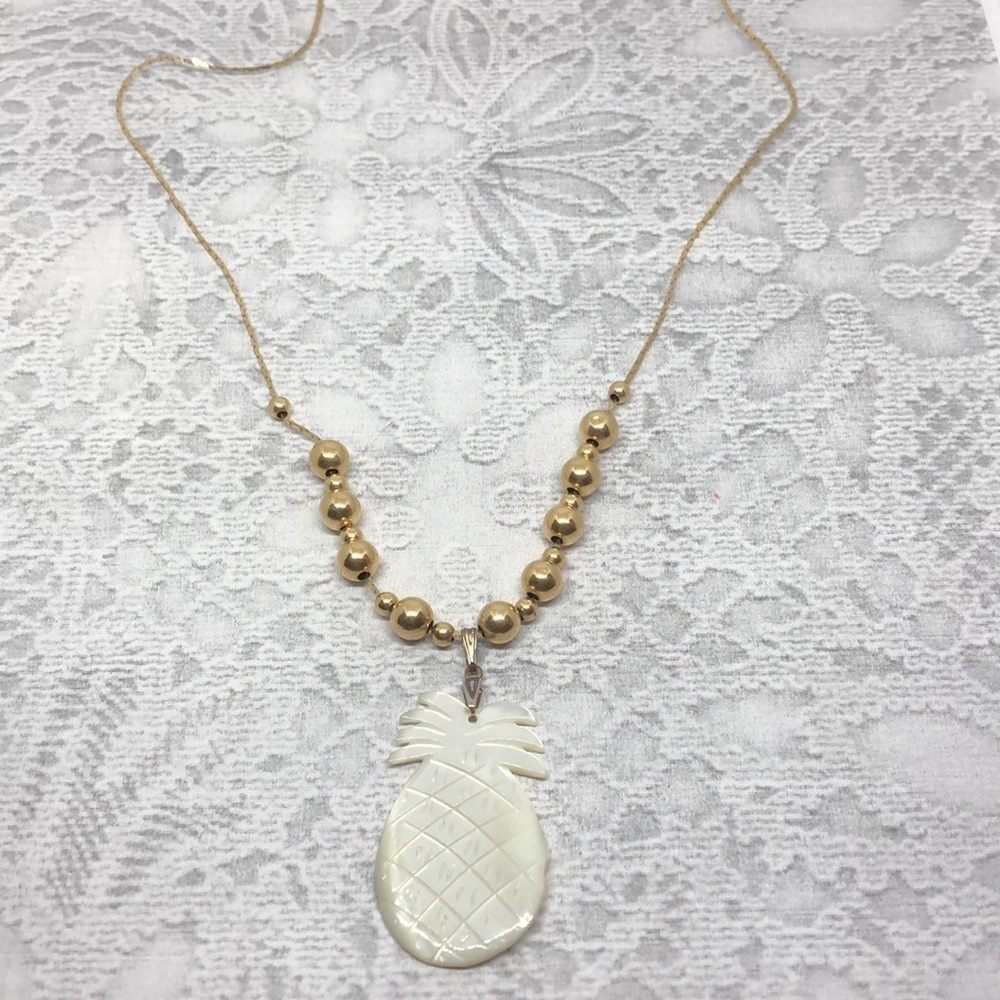 MoP Mother of Pearl Carved Pineapple Pendant Vintage Napier Necklace Upcycled